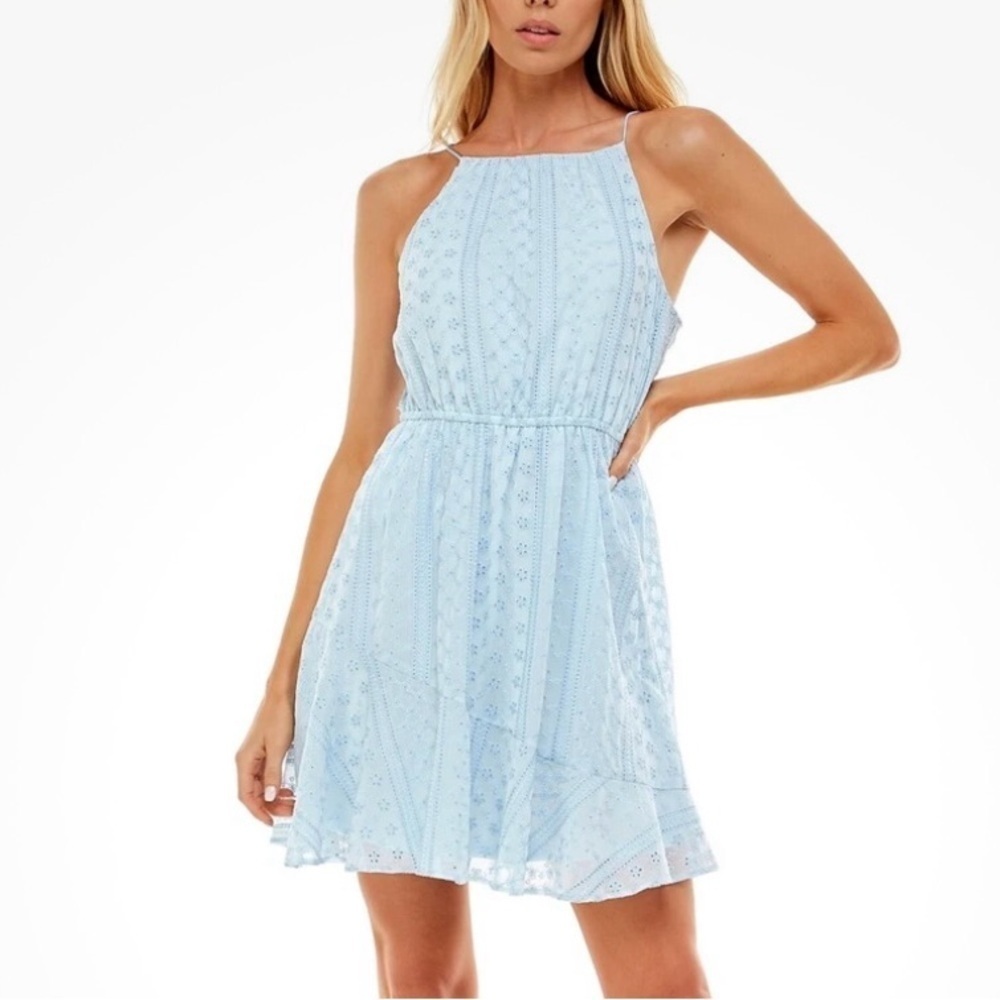 Crystal Dolls Women's Powder Blue
Embroidered Halter Fit & Flare Dress
Sz Large